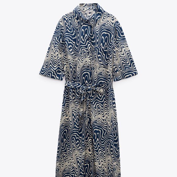 ZARA Long Flowing Geometric Print Midi Dress Belt Blue White Geometric Size M - Picture 7 of 7